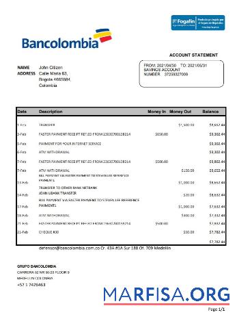 Downloadable Colombia Bancolombia bank statement excel template